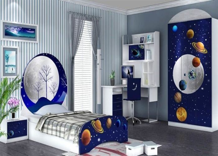 Mẫu thiết kế nội thất phòng bé trai với các chi tiết vũ trụ 3D