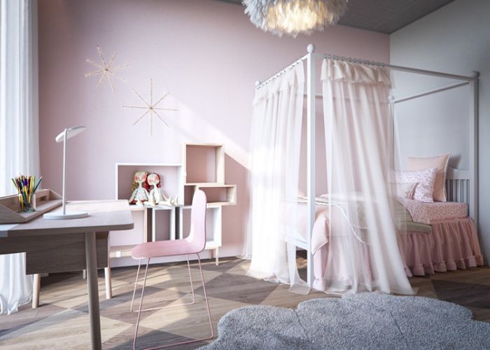 Thiết kế màu hồng phòng ngủ bé gái hiện đại