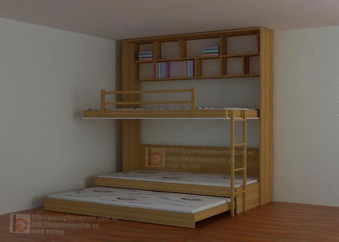Giường 3 tầng thông minh bằng gỗ tự nhiên