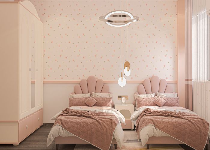 Mẫu phòng ngủ cho hai bé gái với gam màu hồng làm màu chủ đạo