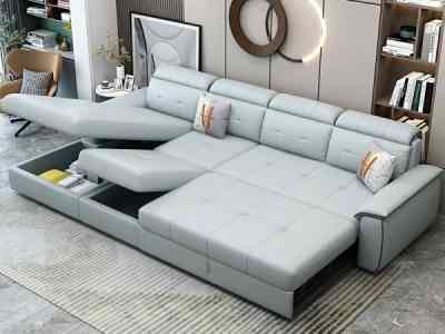 sofa giường góc l da trắng xanh