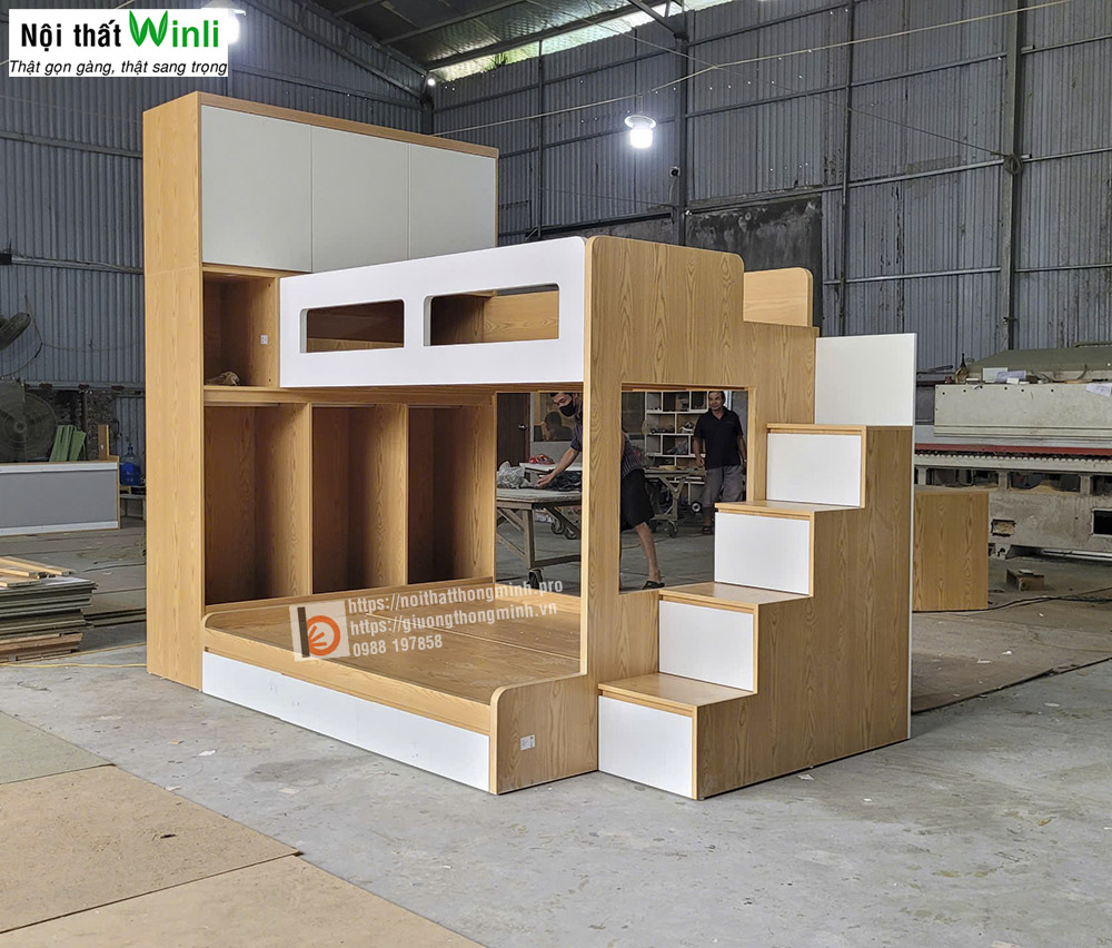 Giường tầng gỗ công nghiệp có tủ áo cho 2 bé nhà anh Trung