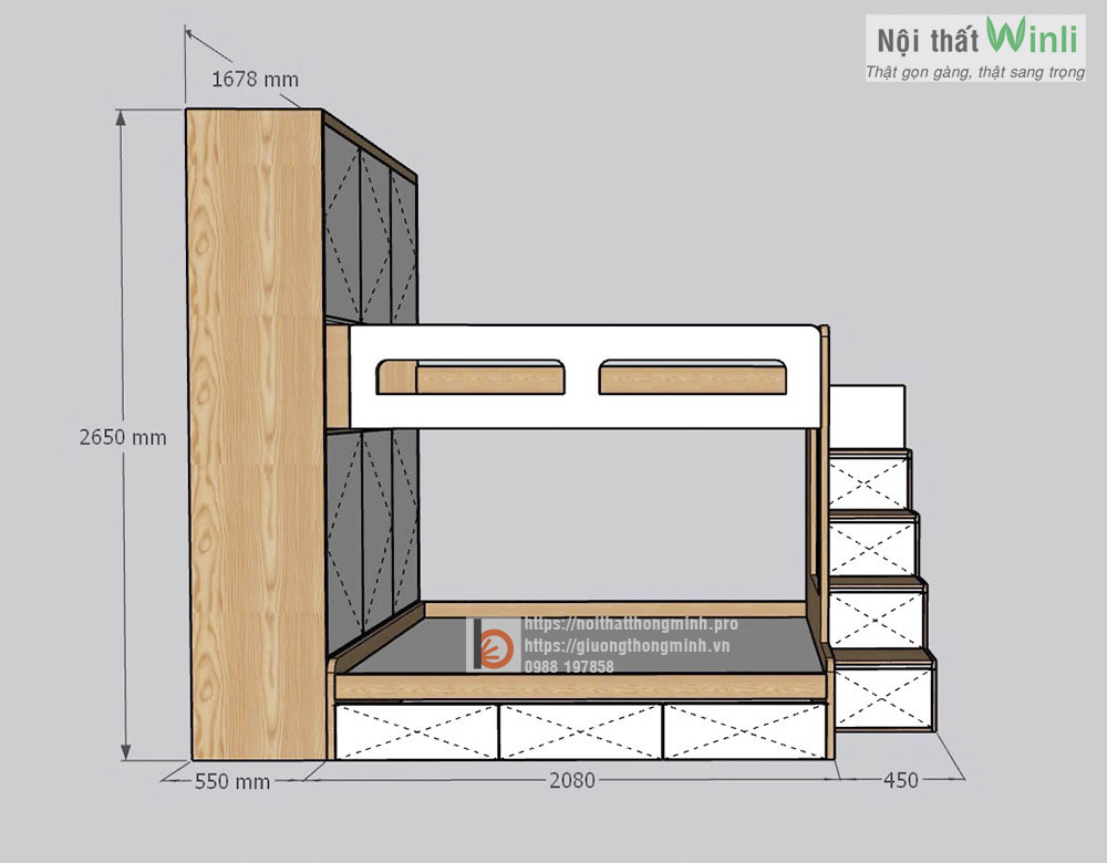 Giường tầng gỗ công nghiệp có tủ áo cho 2 bé nhà anh Trung
