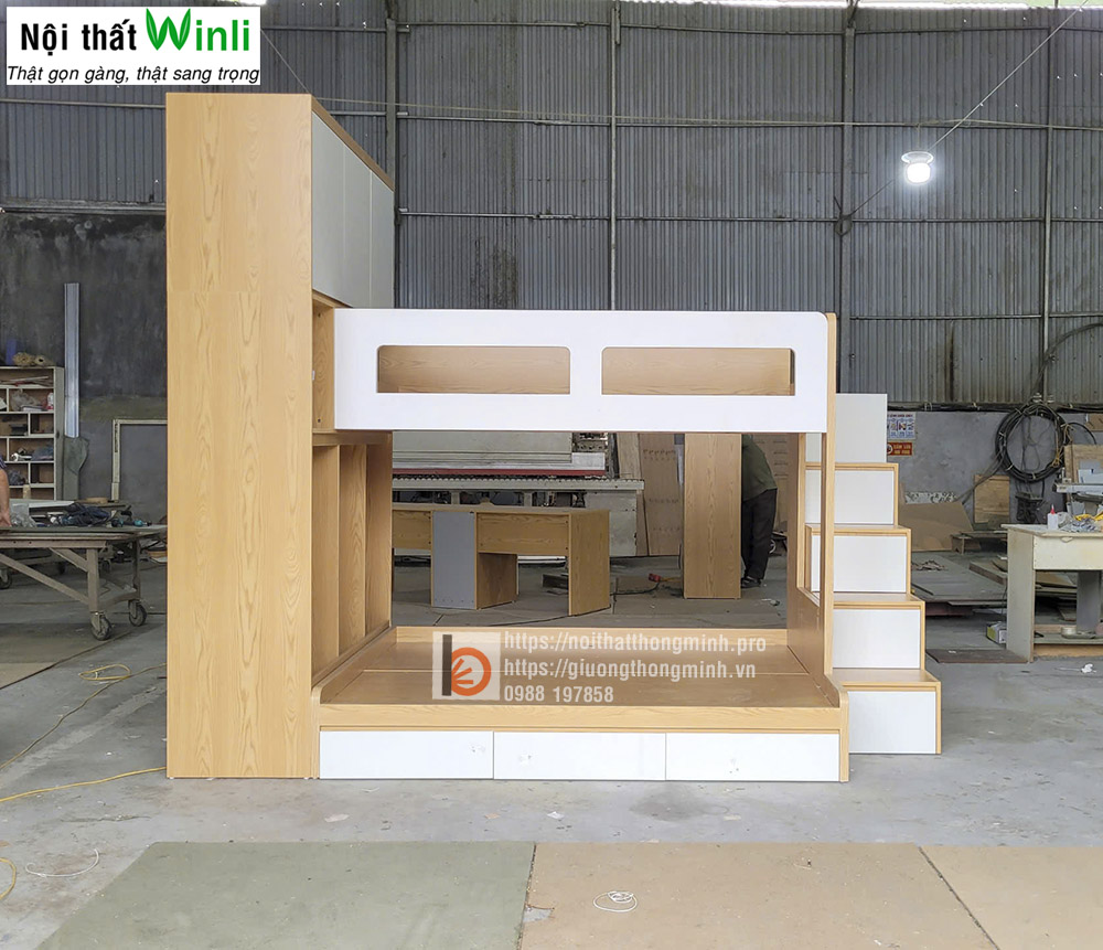 Giường tầng gỗ công nghiệp có tủ áo cho 2 bé nhà anh Trung